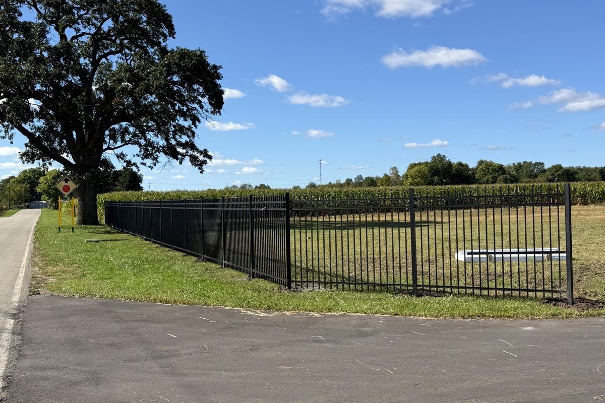 The new black fence along Kamp Kozy, with the old tree at the corner.