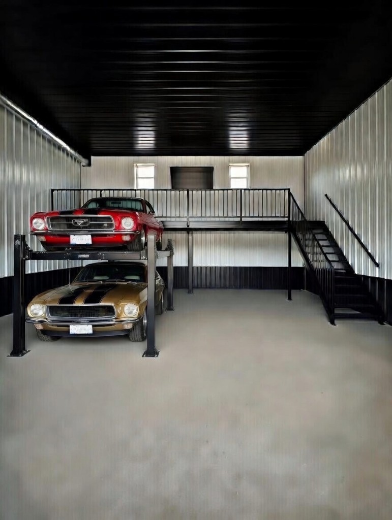 Diamond Garage Condo interior: four-post lift with two classic Mustangs, two-tone corrugated walls, and mezzanine