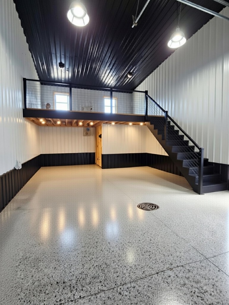 Diamond Garage Condos unit interior: epoxy floor, dry well, corrugated walls, mezzanine and stair