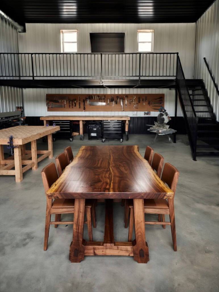 Diamond Garage Condo workshop: live-edge dining table with chairs, workbenches, tool wall, and mezzanine